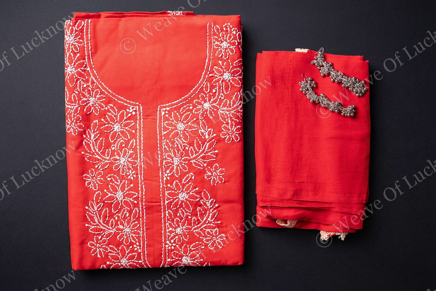 Ethereal Crimson: Hand-Embroidered Red Chikankari Unstitched Dress Material Set photo 2