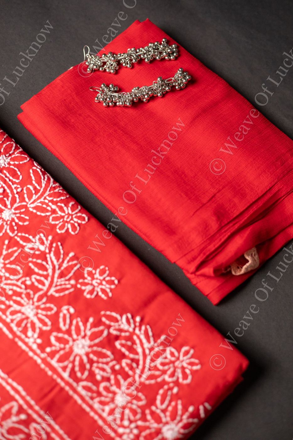Ethereal Crimson: Hand-Embroidered Red Chikankari Unstitched Dress Material Set photo 5