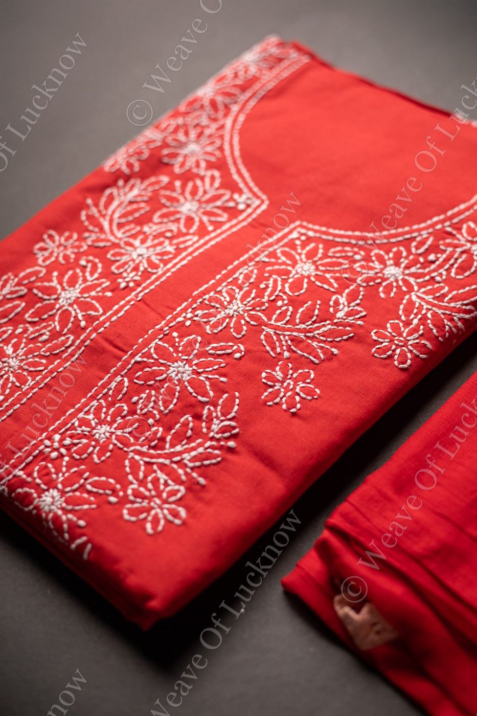 Ethereal Crimson: Hand-Embroidered Red Chikankari Unstitched Dress Material Set photo 3