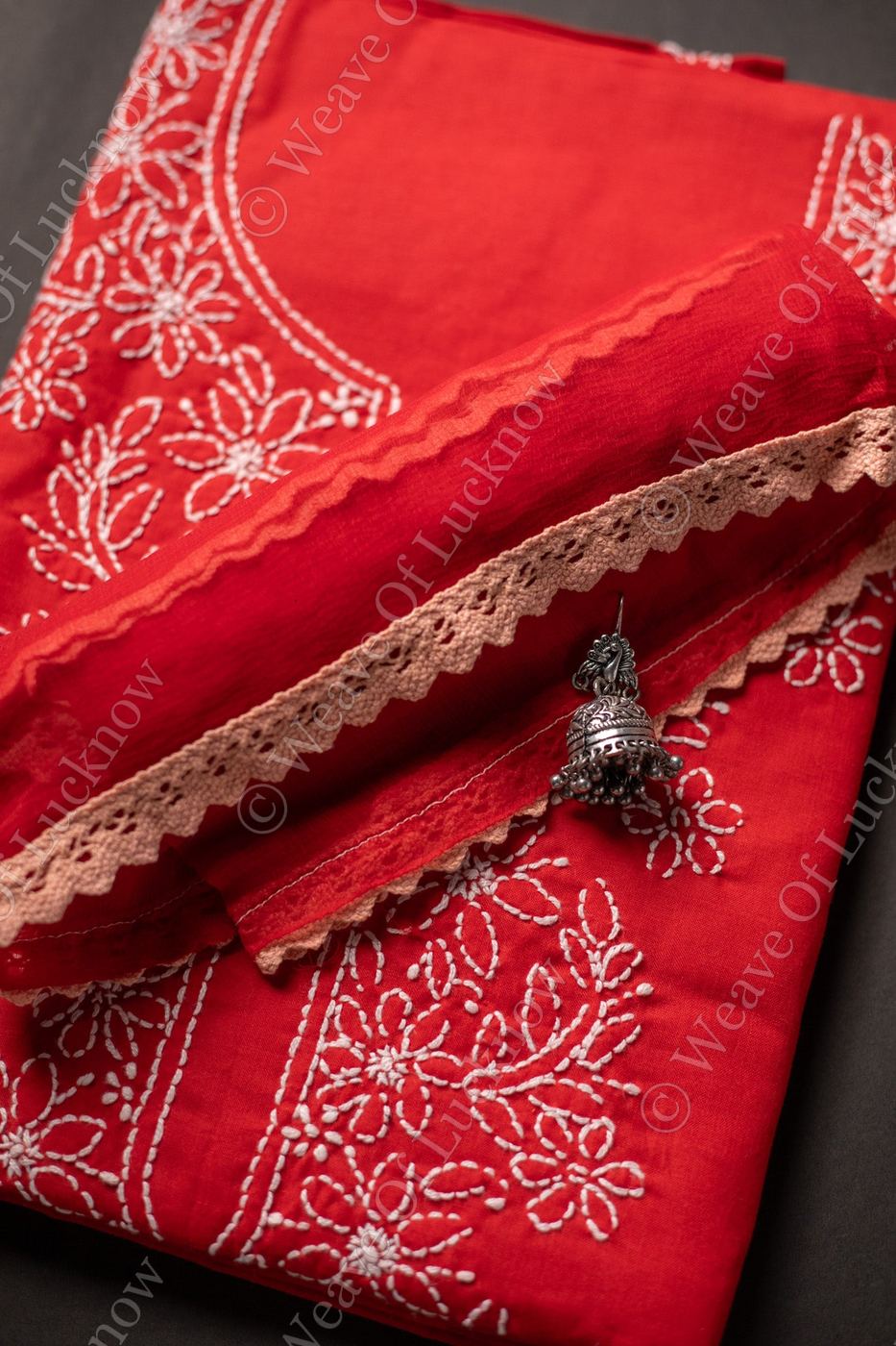 Ethereal Crimson: Hand-Embroidered Red Chikankari Unstitched Dress Material Set photo 4