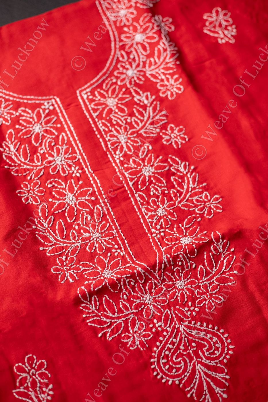 Ethereal Crimson: Hand-Embroidered Red Chikankari Unstitched Dress Material Set