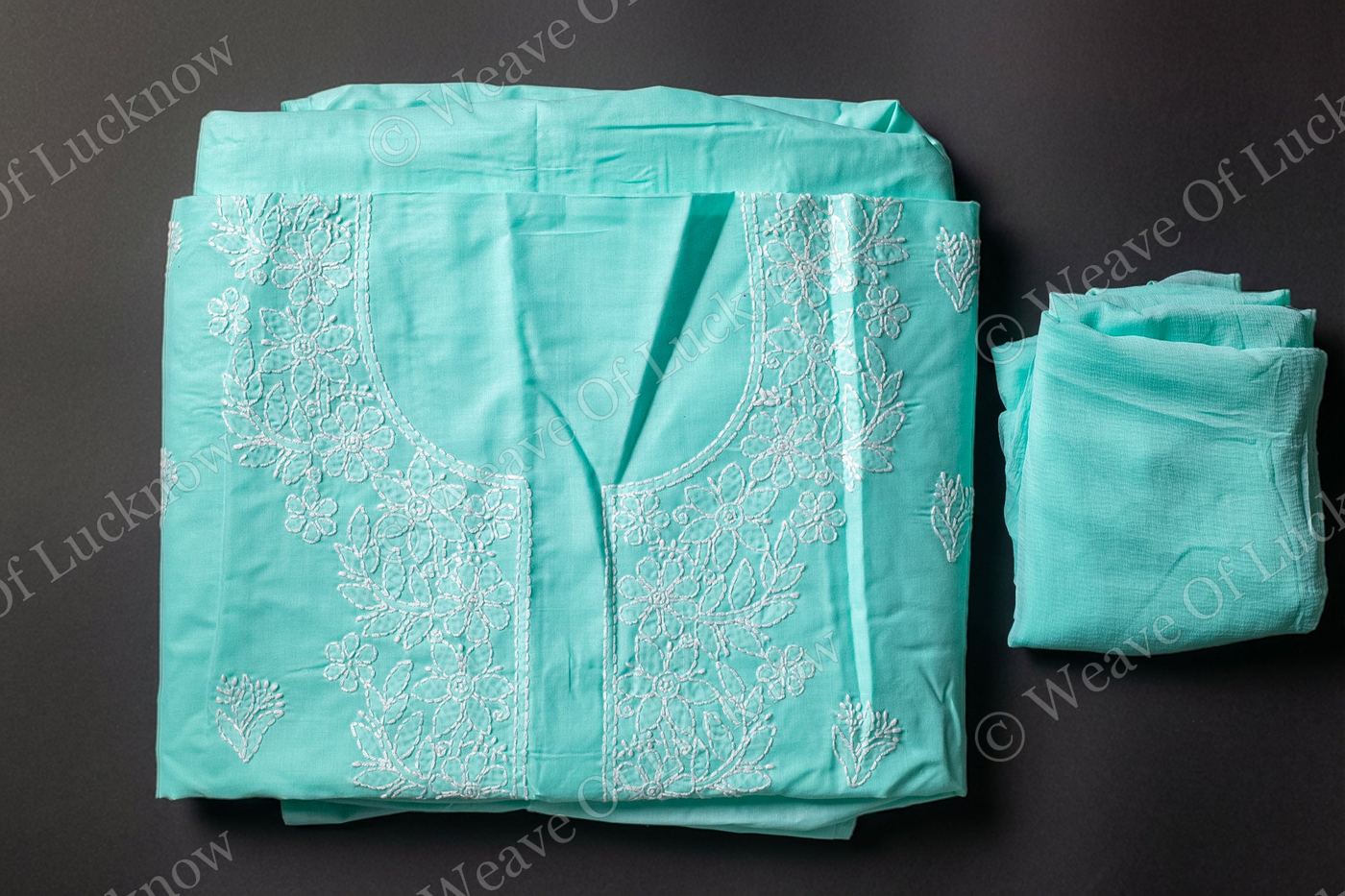 Mint Freshness: Hand-Embroidered Light Green Chikankari Unstitched Dress Material photo 2