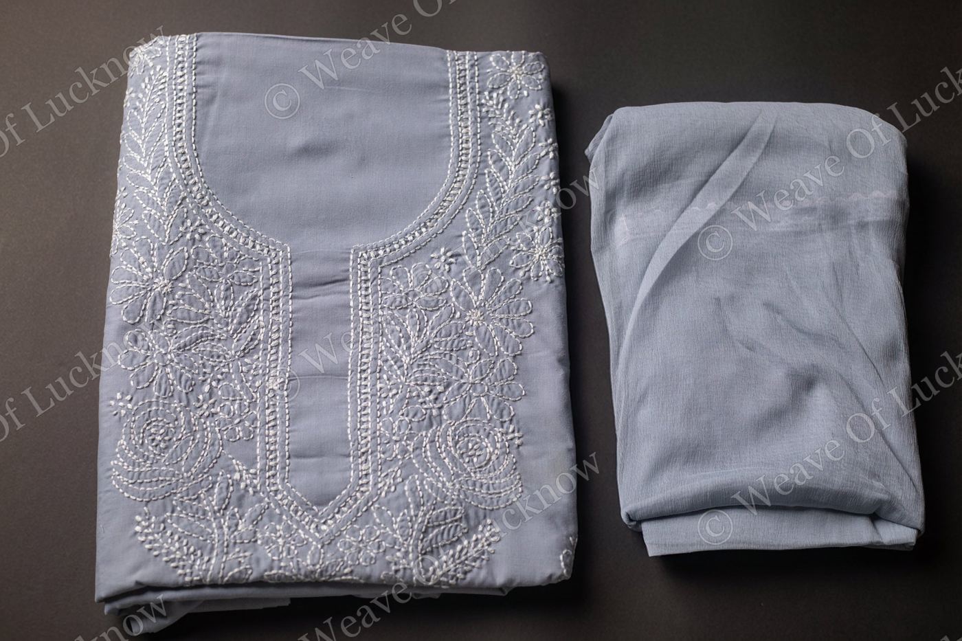 Slate Grace: Hand-Embroidered Grey Chikankari Unstitched Dress Material Set photo 2