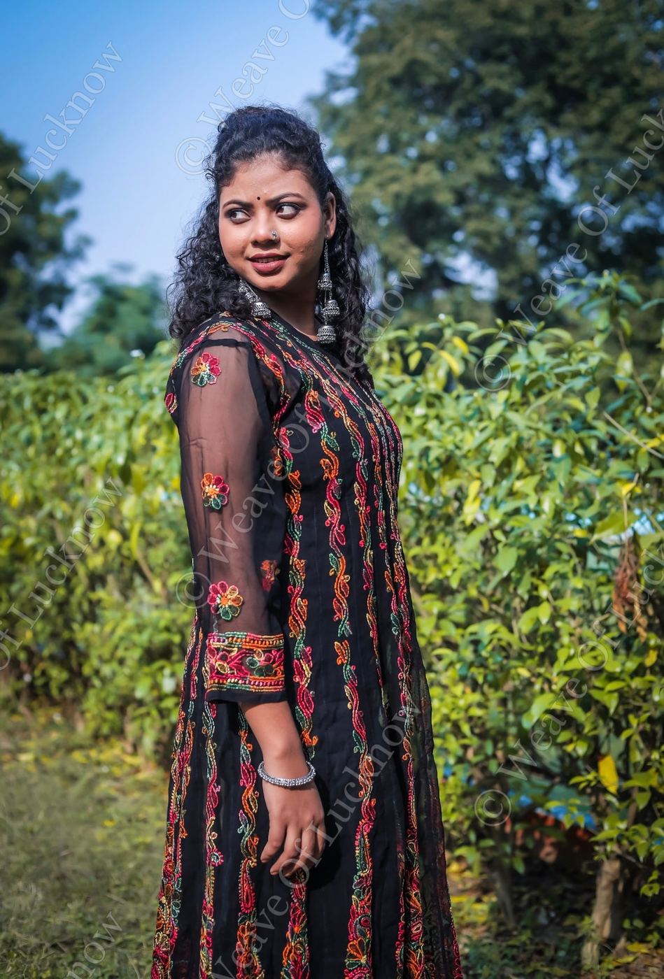Multicolor Kashmiri-Inspired Floral Georgette Kurti in Midnight Black