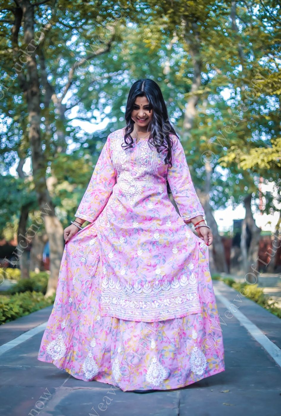 Pink Mal Printed Chikankari Skirt Kurta Set