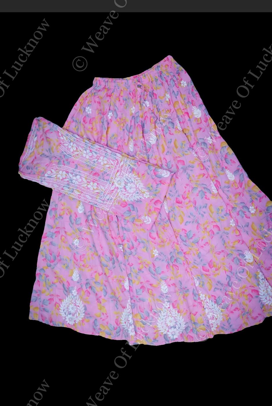 Pink Mal Printed Chikankari Skirt Kurta Set photo 7