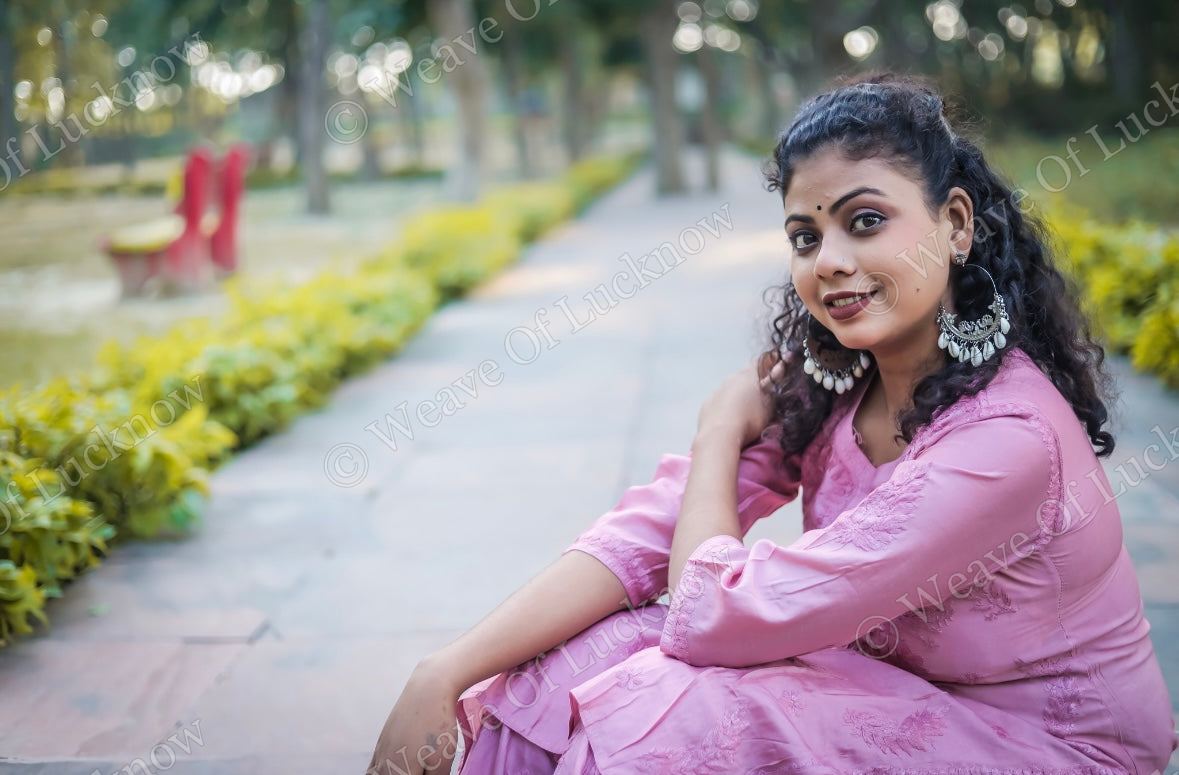 Pink Chanderi Chikankari Kurti and Palazzo Set photo 3