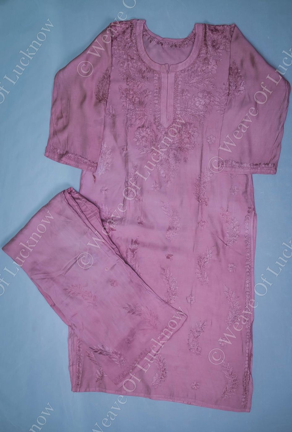 Pink Chanderi Chikankari Kurti and Palazzo Set photo 5