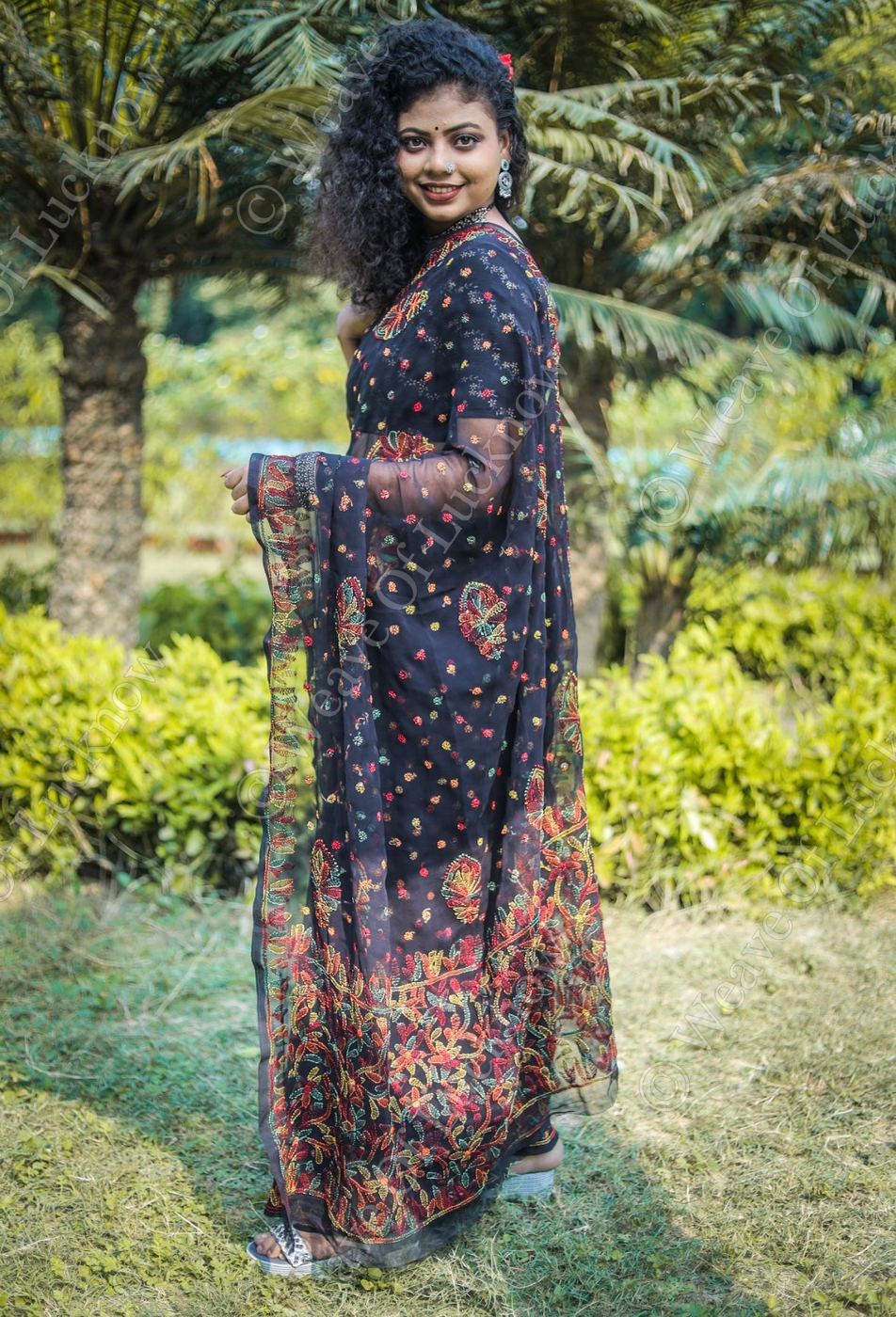 Black Georgette Chikankari Saree with Keel Kangan Work