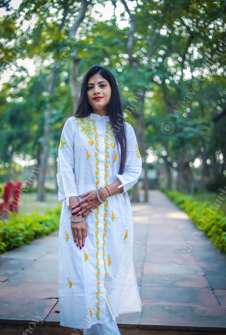 White Mal Cotton Chikankari Kurti with Yellow & Green Thread Work