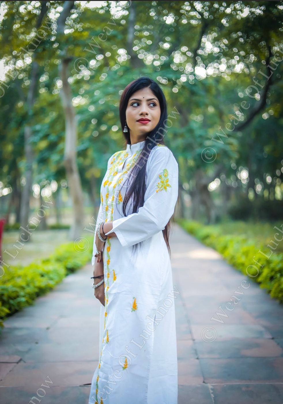 White Mal Cotton Chikankari Kurti with Yellow & Green Thread Work photo 2