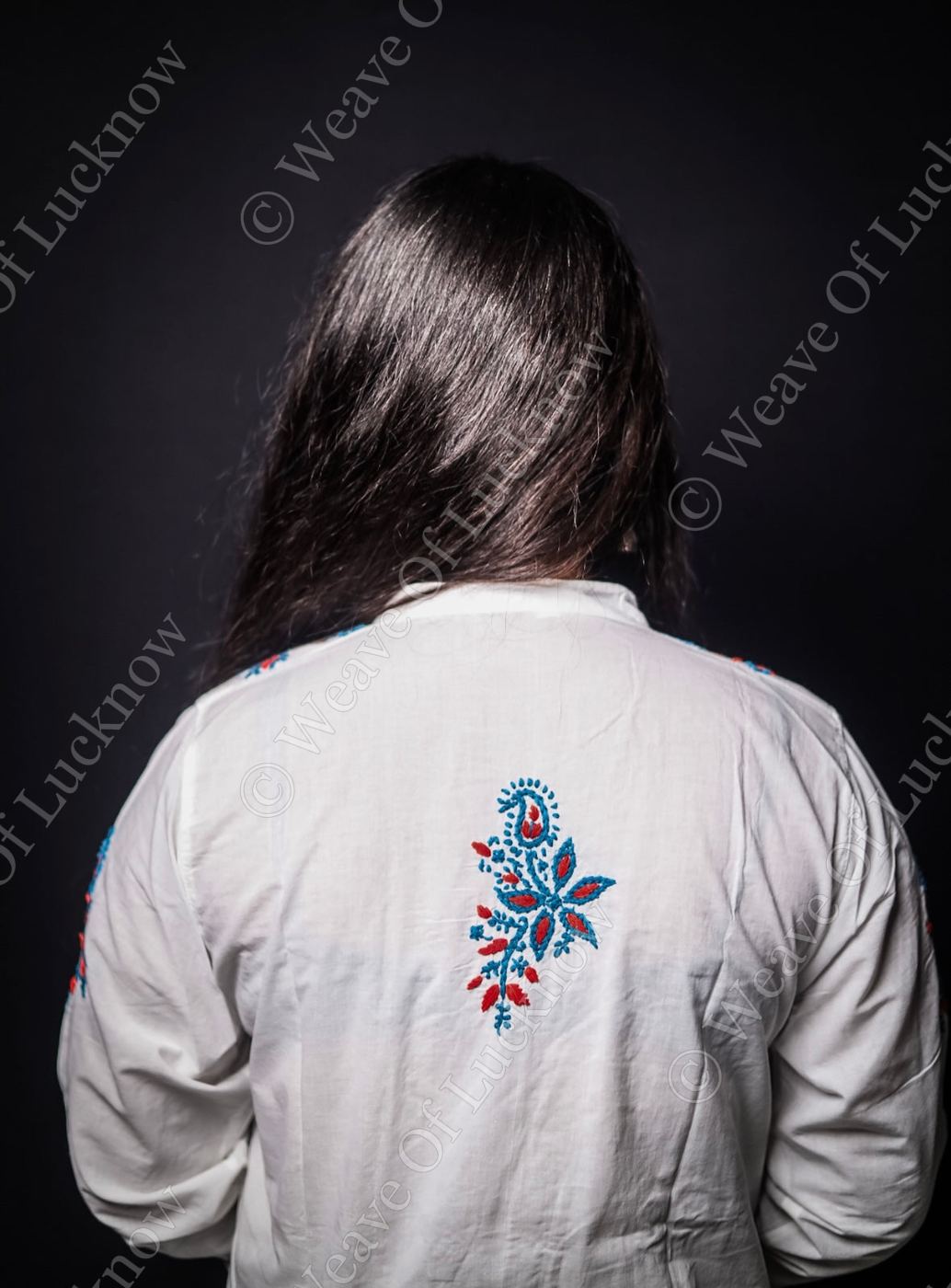 White Mal Cotton Chikankari Kurti with Red & Blue Thread Work photo 3