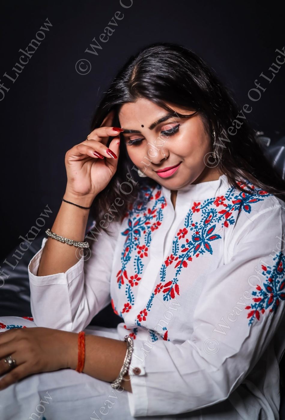 White Mal Cotton Chikankari Kurti with Red & Blue Thread Work photo 4