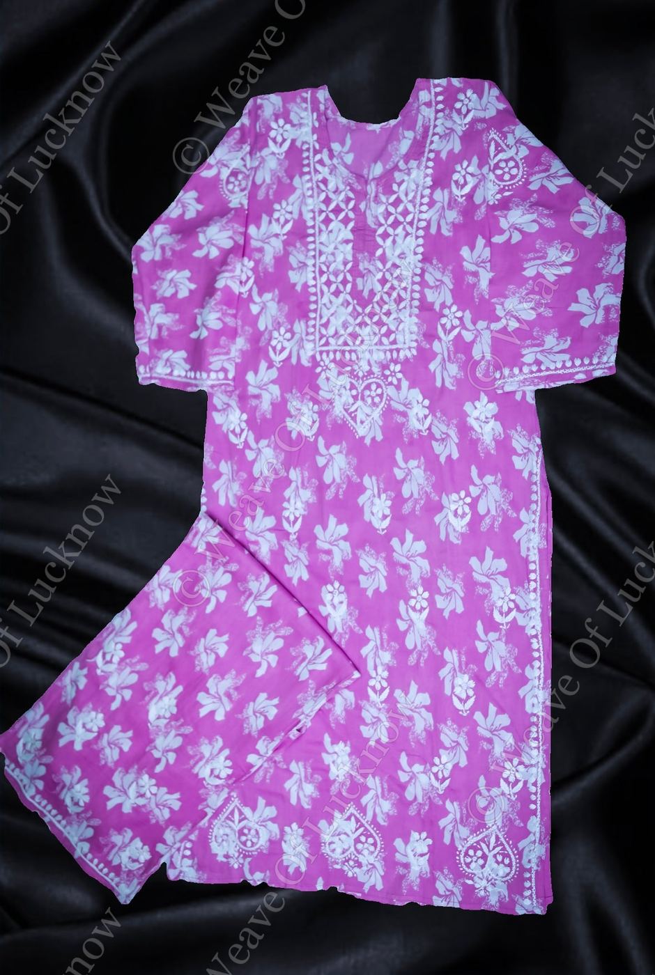Pink Mal Printed Chikankari Kurta Palazzo Set photo 5