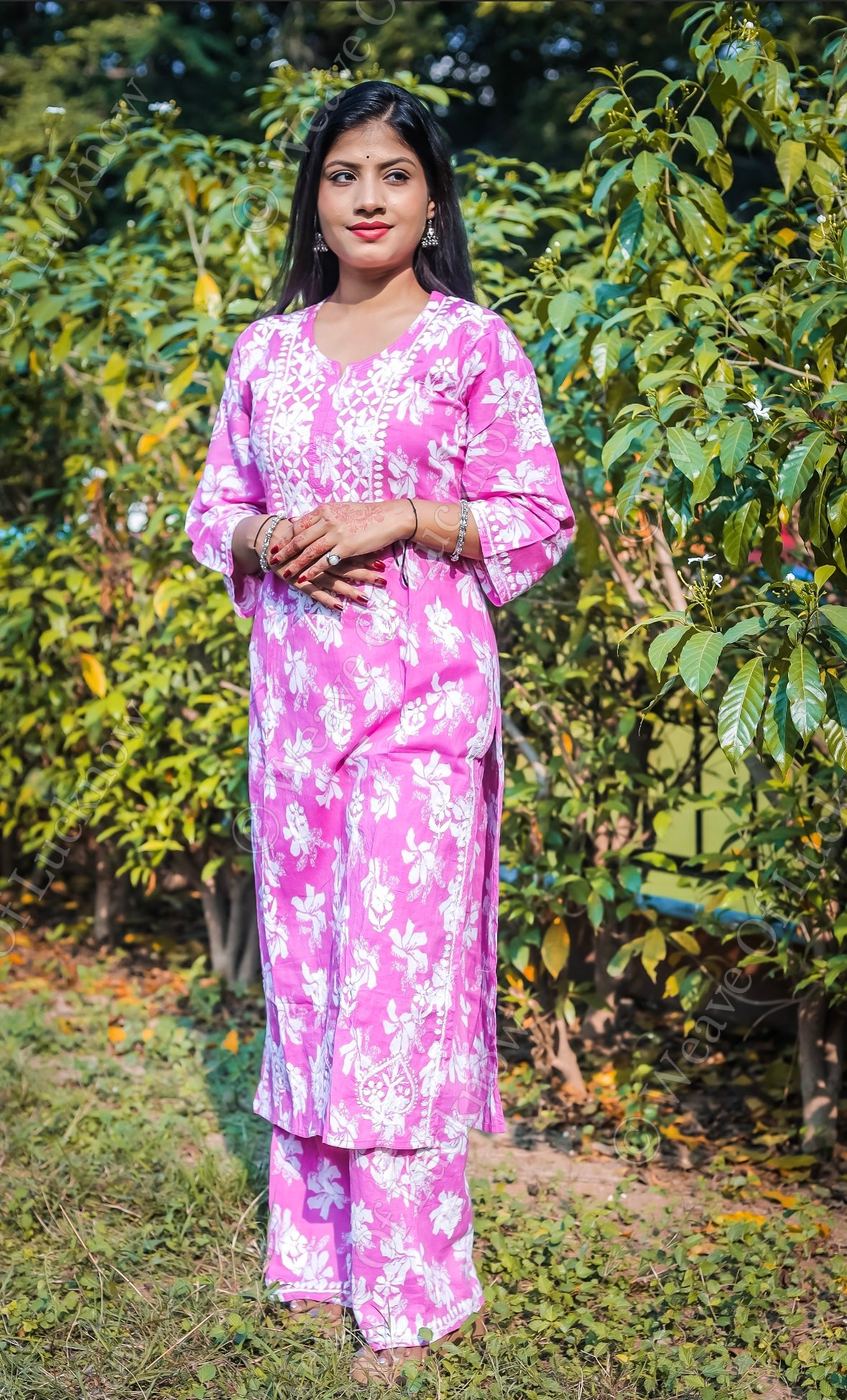 Pink Mal Printed Chikankari Kurta Palazzo Set
