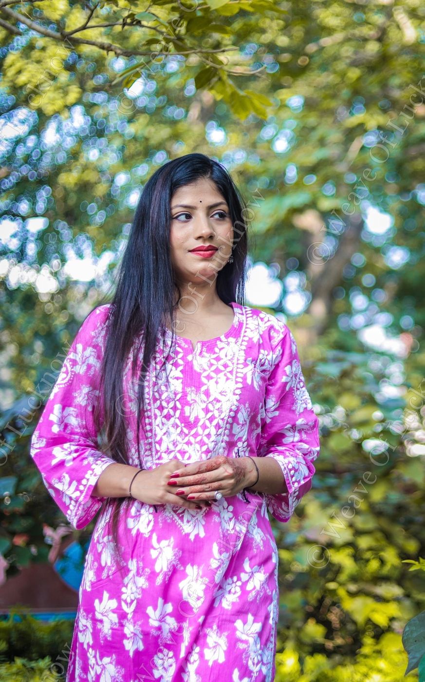 Pink Mal Printed Chikankari Kurta Palazzo Set photo 2