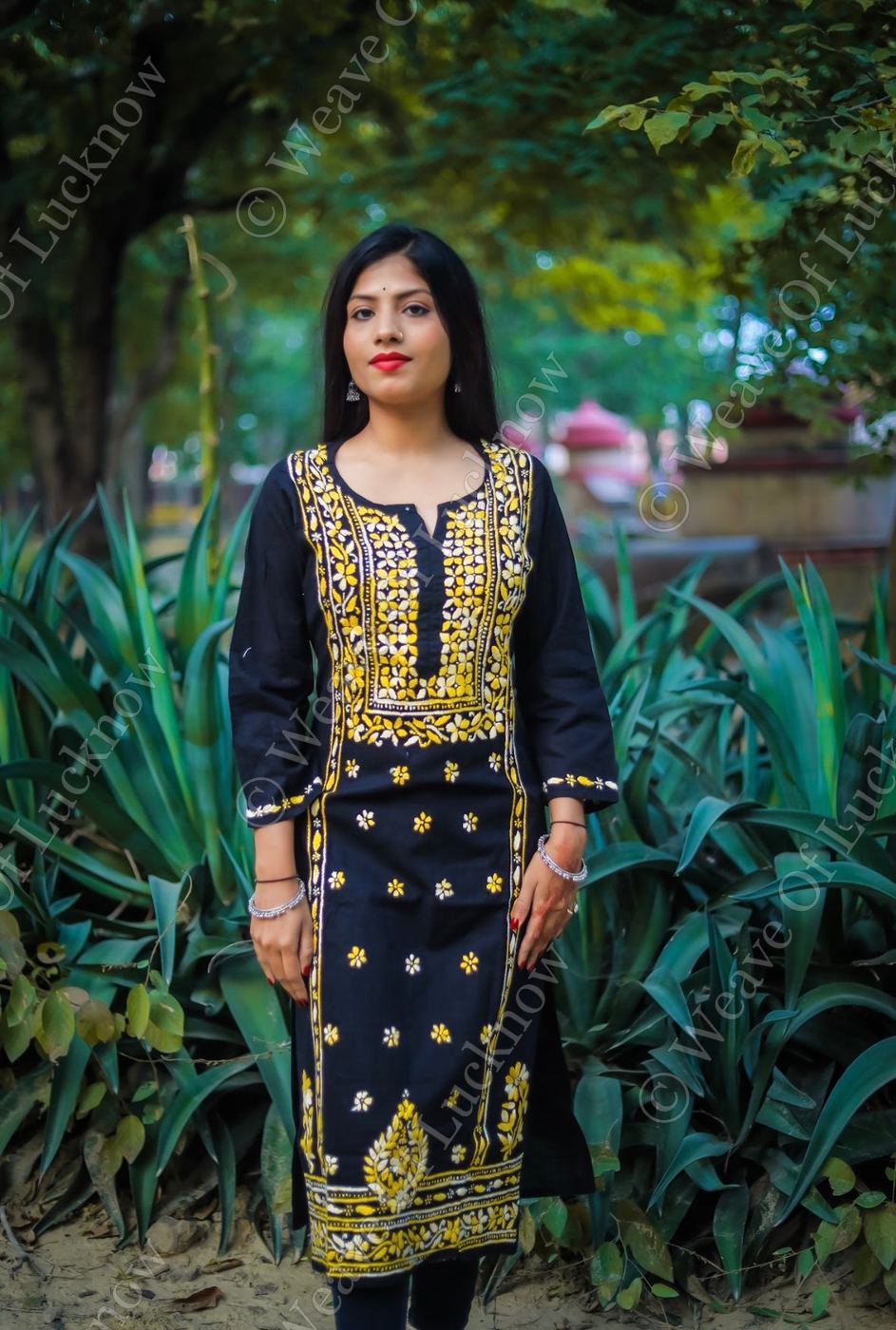 Black Cotton Chikankari Kurti with Yellow Thread Work