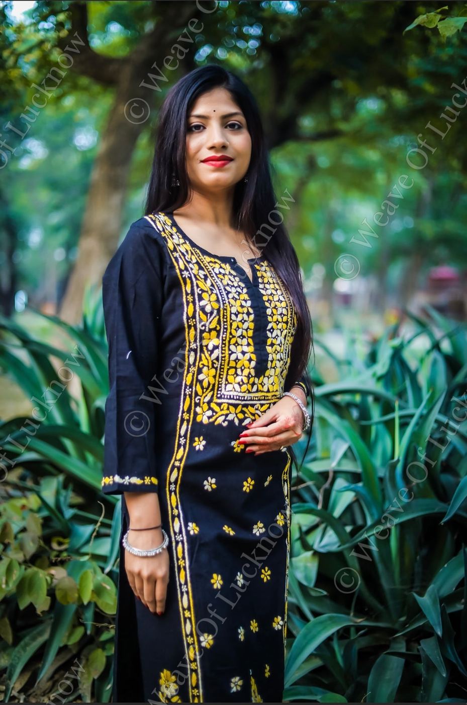 Black Cotton Chikankari Kurti with Yellow Thread Work photo 3