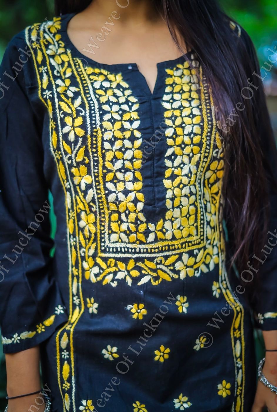 Black Cotton Chikankari Kurti with Yellow Thread Work photo 4