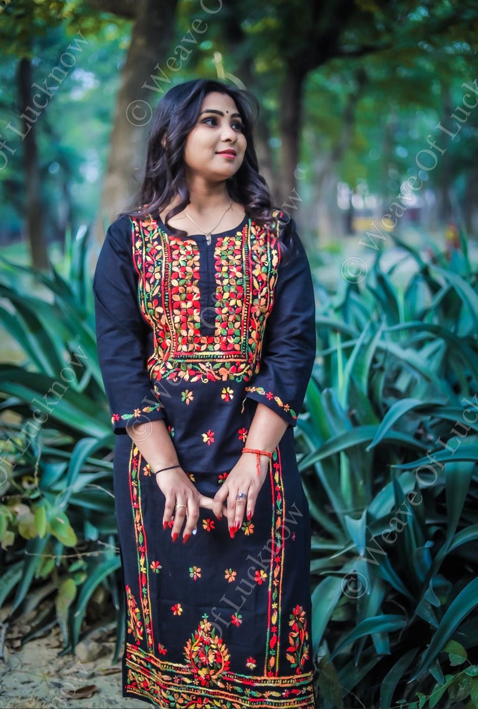 Black Cotton Chikankari Kurti with Multi-Colour Thread Work photo 2