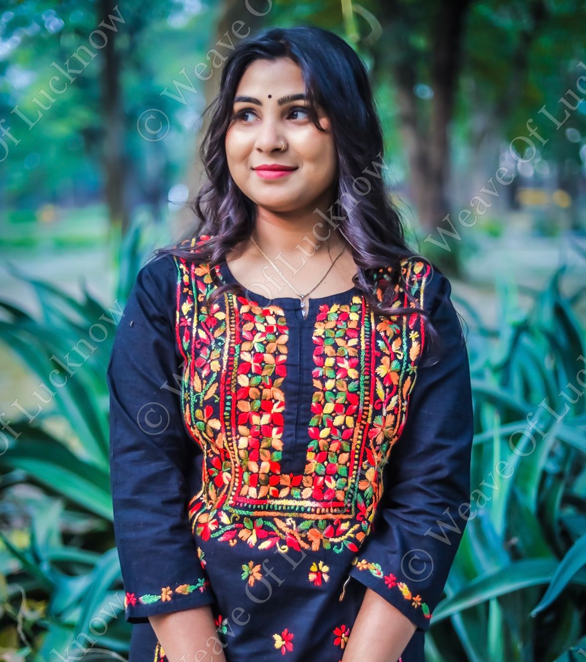 Black Cotton Chikankari Kurti with Multi-Colour Thread Work photo 3