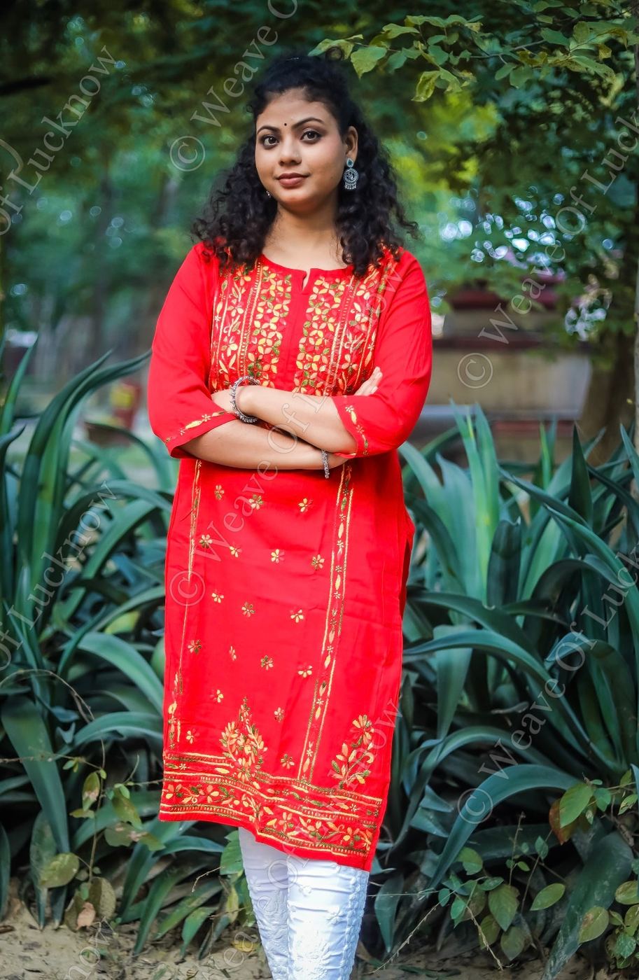 Red Chikankari Kurti with Multi-Colour Thread Work