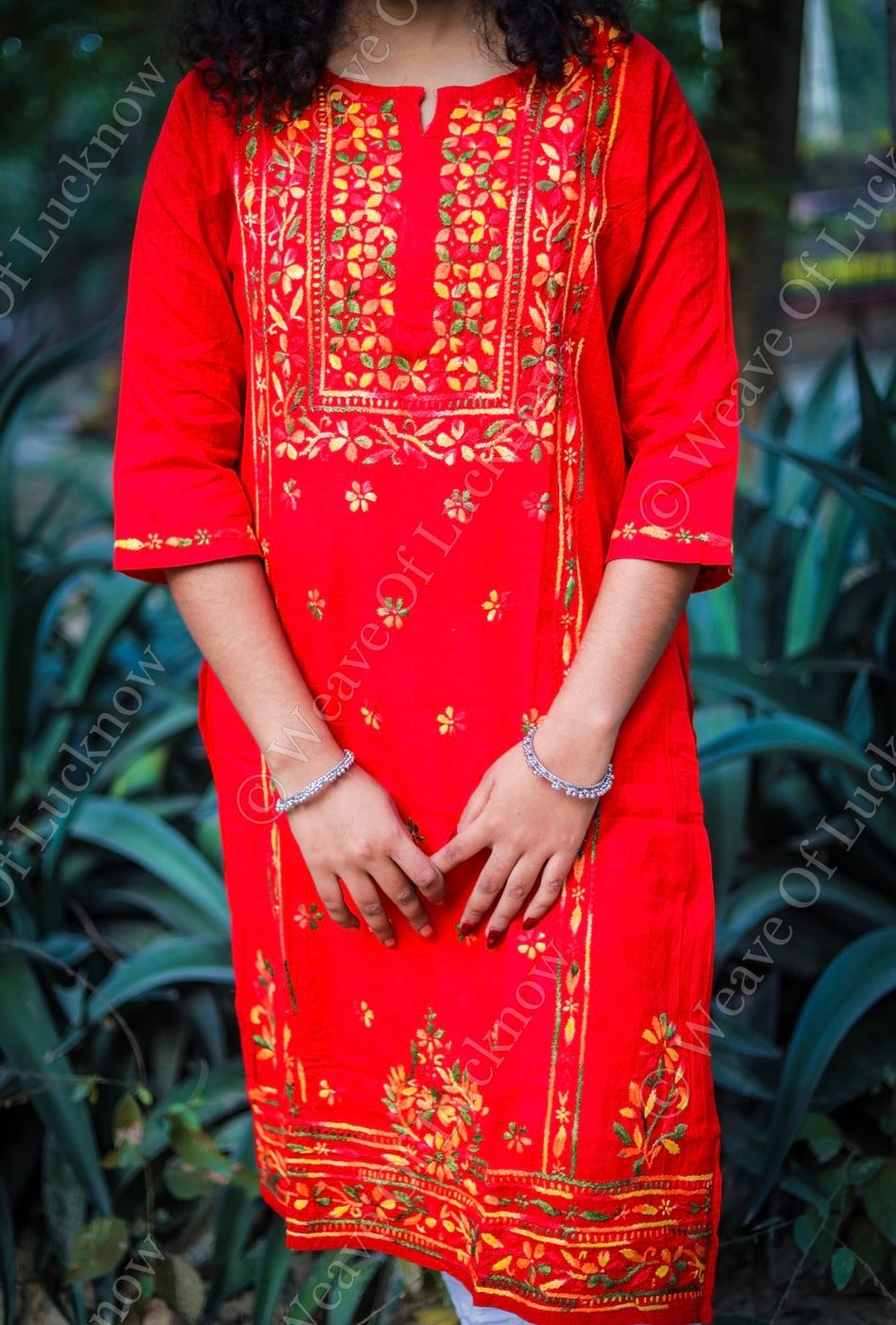Red Chikankari Kurti with Multi-Colour Thread Work photo 2