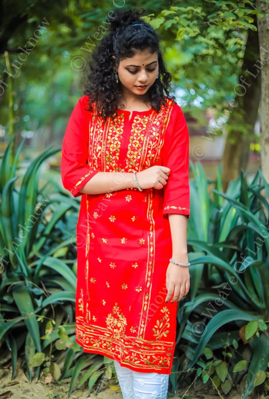 Red Chikankari Kurti with Multi-Colour Thread Work photo 3
