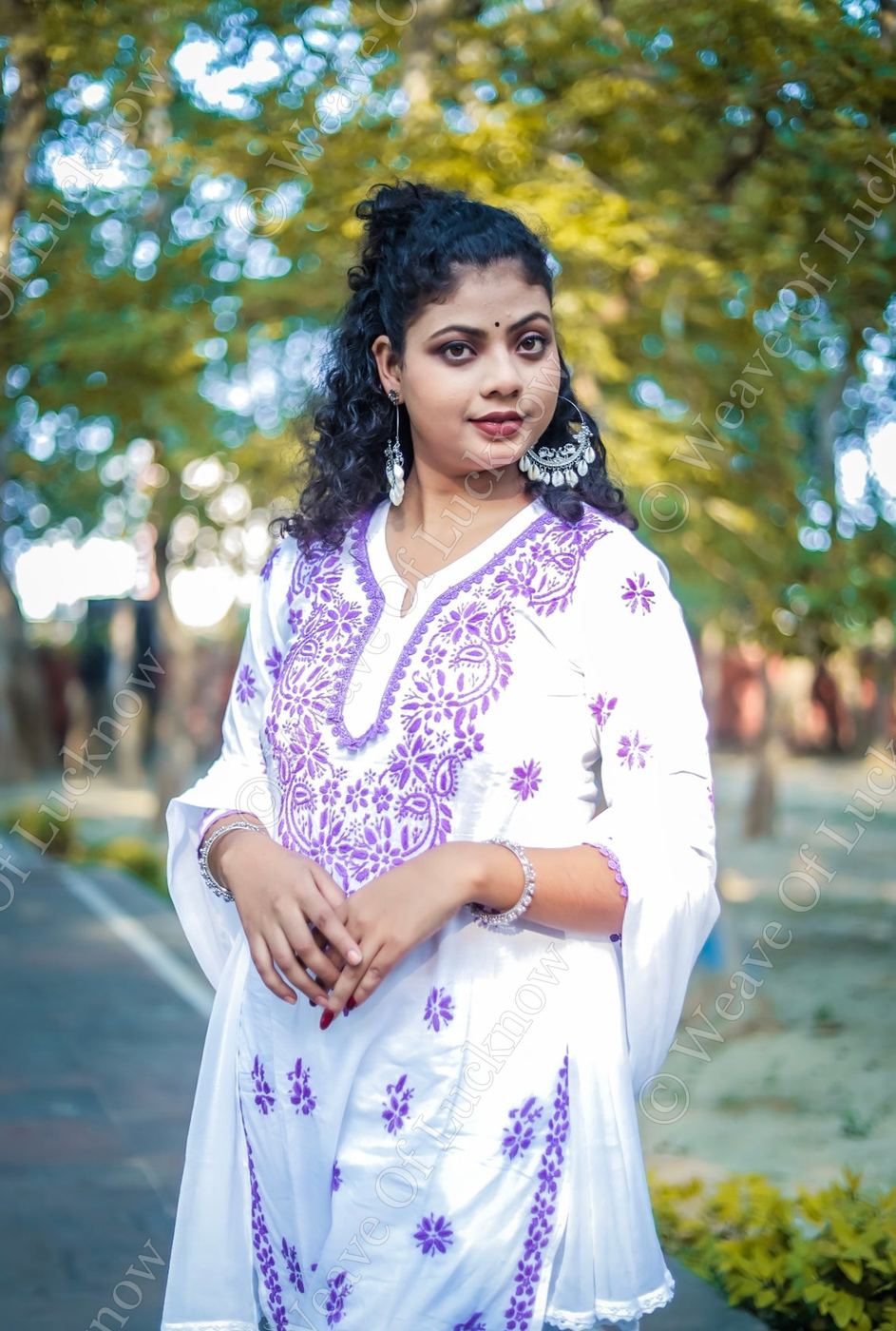 White Mal Cotton Chikankari Kurta Pant Set with Purple Thread Work photo 2