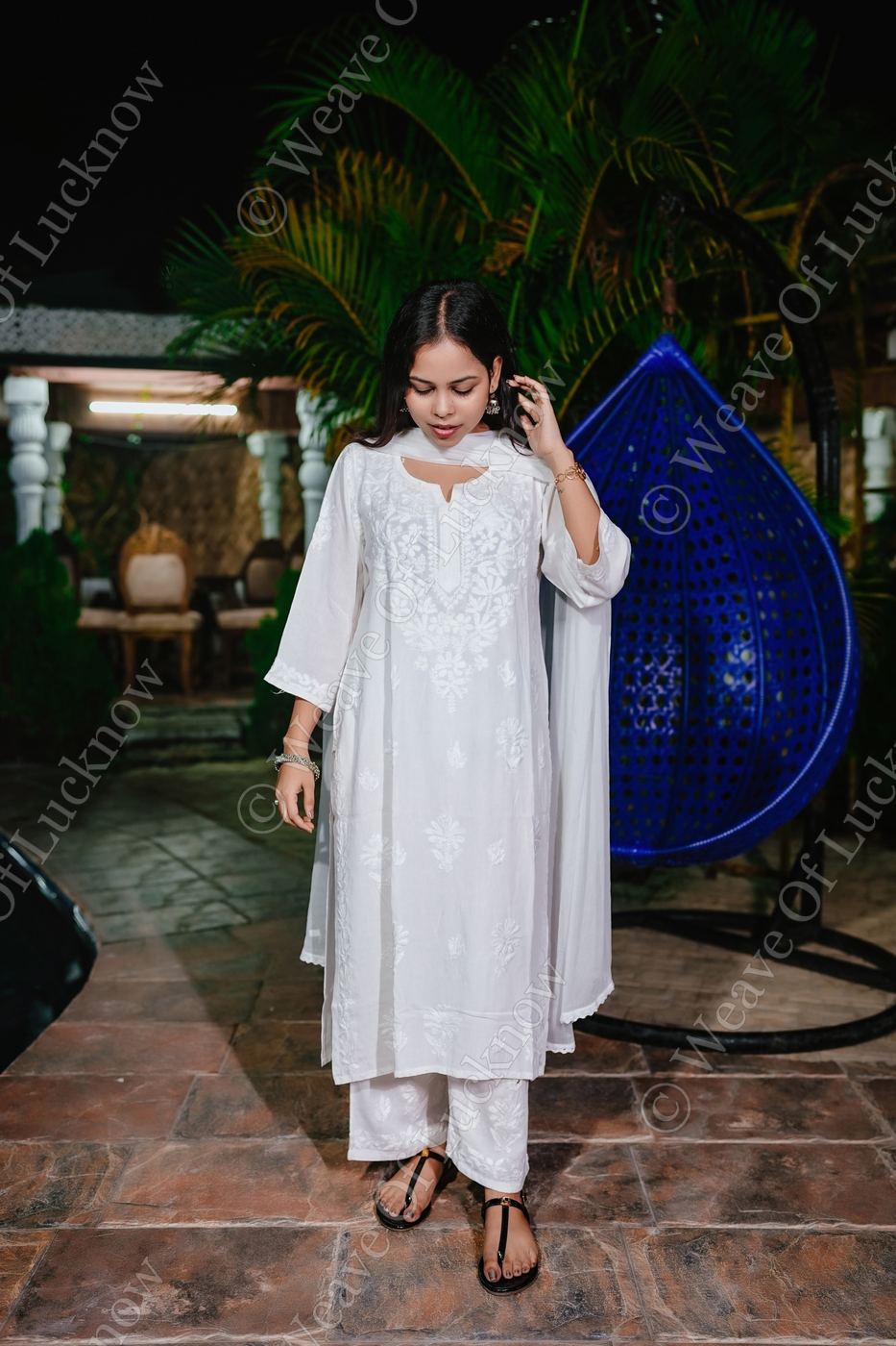 White Rayon Chikankari Kurti and Plazzao Set