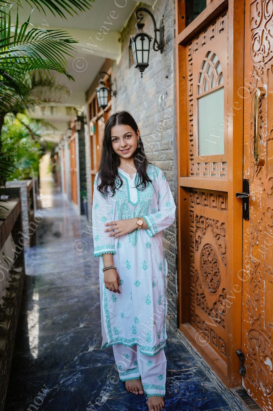 White Mal Cotton Chikankari Kurta Pants Set with Green Thread Work photo 2